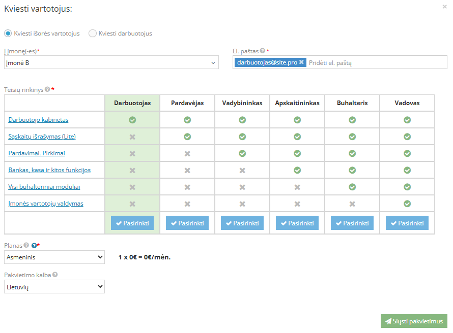 Naujo vartotojo pakvietimo langas ir nustatymai